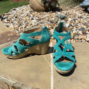 Turquoise suede wedge sandals